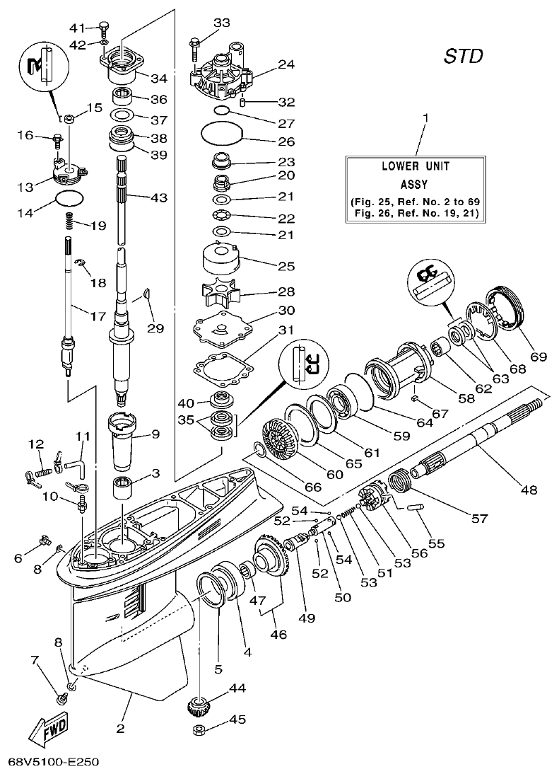 Yamaha F115TR, LF115TR, F115AET, FL115AET LOWER CASING & DRIVE 1 parts diagram